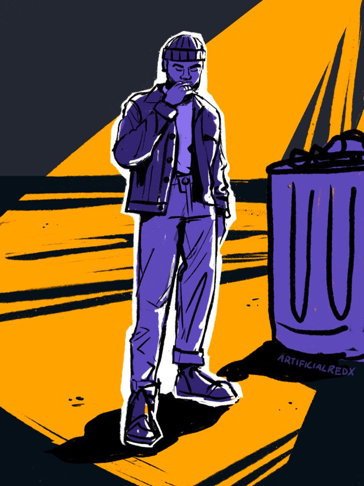 Yellow and purple limited color palette. A man stands in a back alley smoking at night. The lights glow behind him