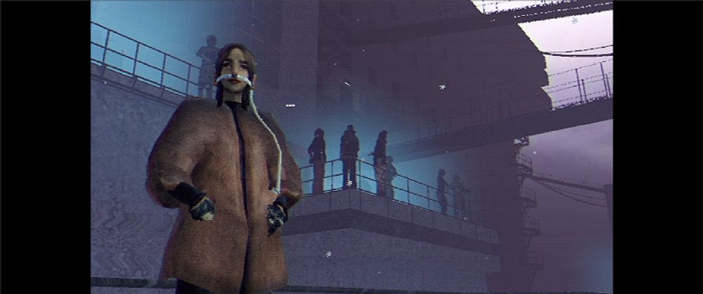 Screenshots of the game Arctic Eggs. In the image we can see a PS2-like graphics game that represents a dystopian society whose most valuable resource is chicken eggs