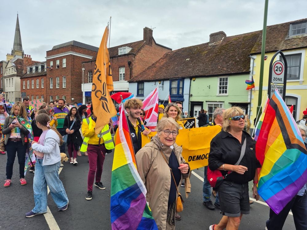 Chichester LibDems marching along West Street in Chichester Pride, 24 May 2025.