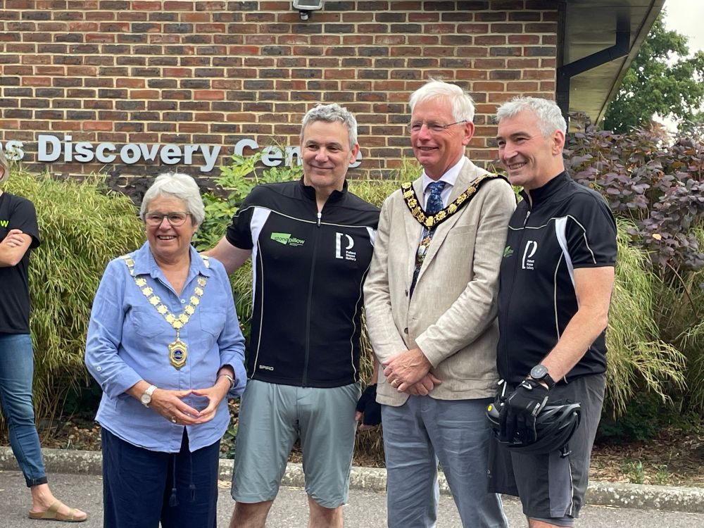 Chichester District Council Chair Clare Apel and Chichester Mayor Sean McHale with cyclists Justin Bulpett and Malcolm Meaby at Fishbourne Roman Palace at the start of their 1,000 mile sponsored ride around England’s Roman Roads. 