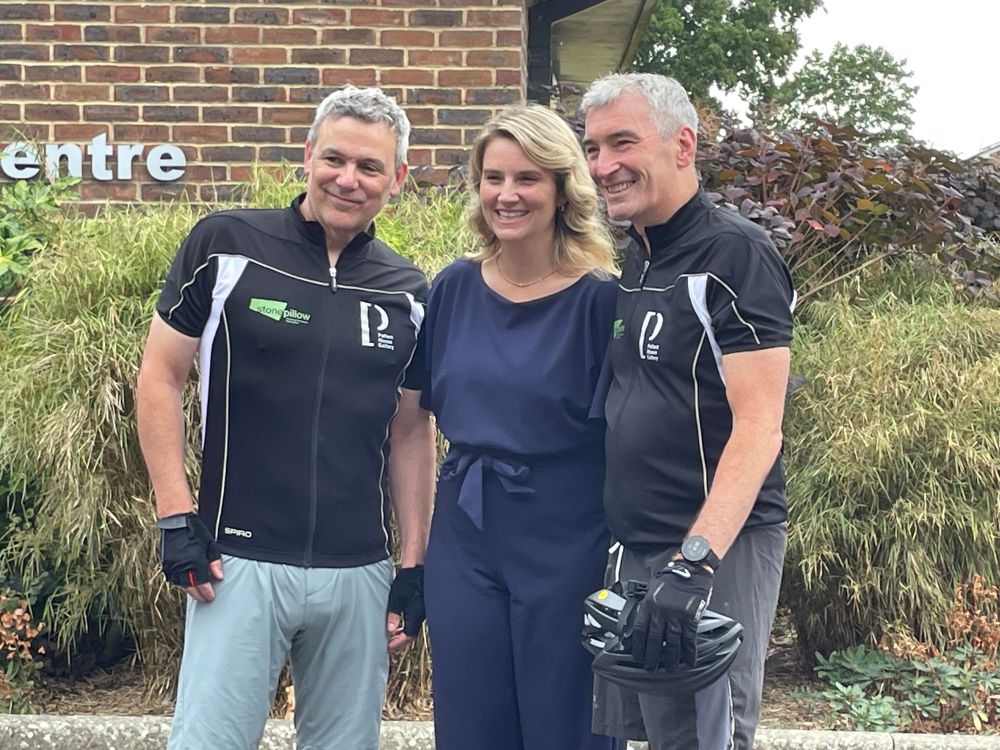 Chichester MP Jess Brown-Fuller with cyclists Justin Bulpett and Malcolm Meaby at Fishbourne Roman Palace at the start of their 1,000 mile sponsored ride around England’s Roman Roads. 
