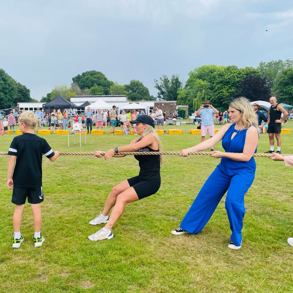 Fishbourne Village Fête today: With Chichester’s MP Jess Brown Fuller (in blue here) pulling for the team, LibDems win again!
