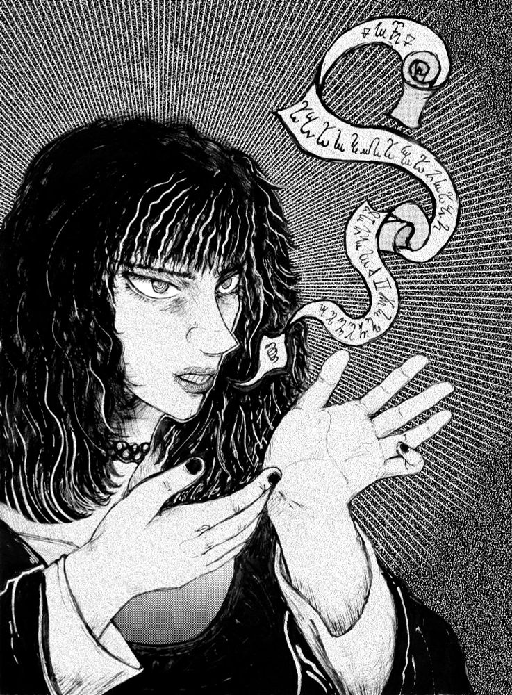 Black and white illustration of a transfem holding out her hands and saying some esoteric incantation.