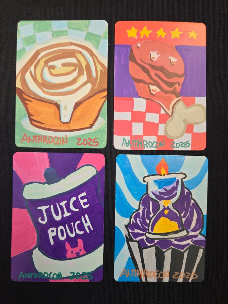 4 cards featuring a cinnamon roll, turkey leg, juice pouch, and a cupcake with an houseglass candle