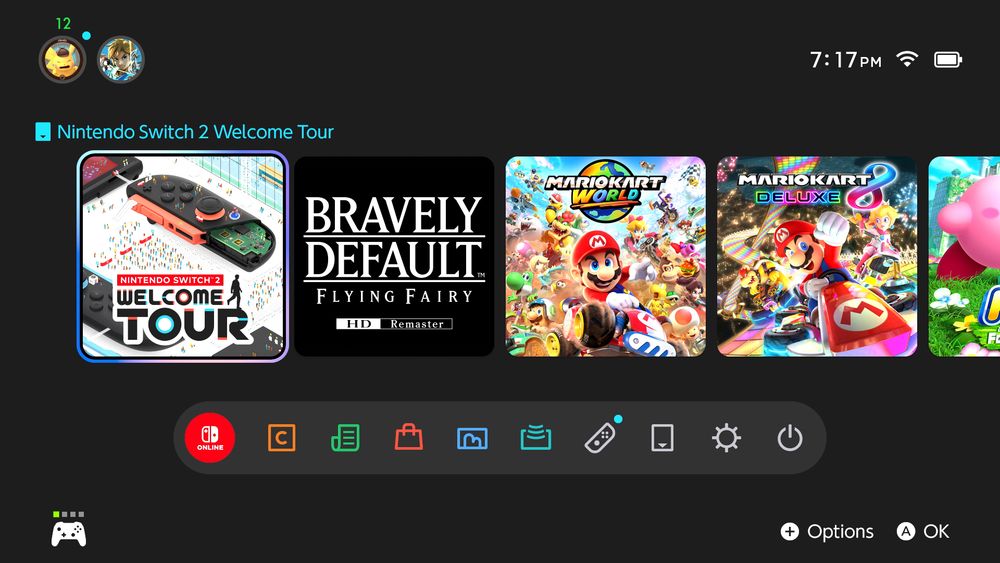 Nintendo Switch 2 home menu showing Welcome Tour, Bravely Default Remake, Mario Kart World, and Mario Kart 8