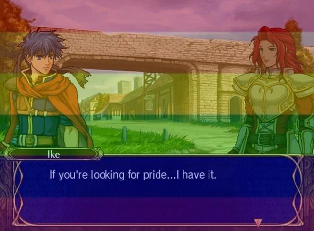 Fire Emblem Path of Radiance screenshot of Ike saying to Titania, "if you're looking for pride...I have it." with the Pride flag overlaid