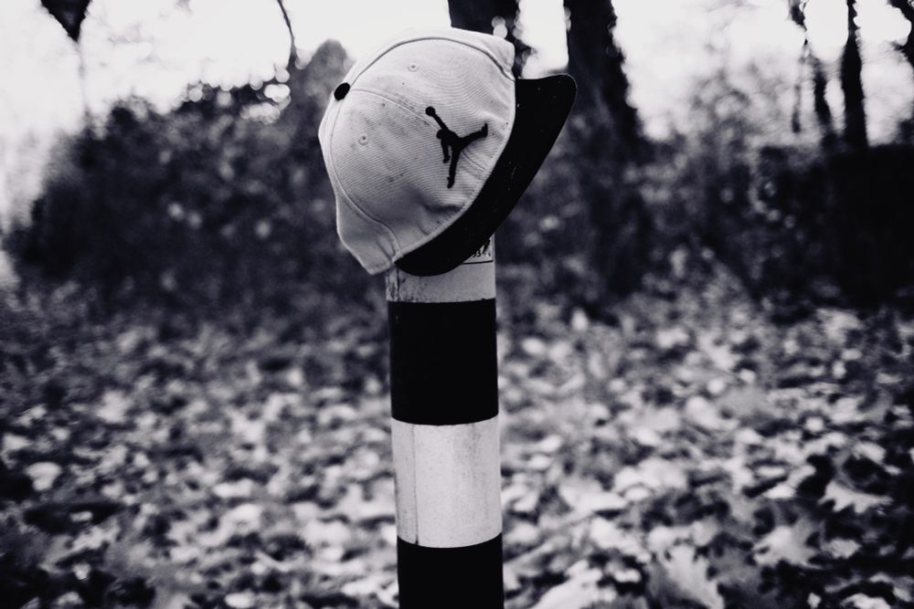 Schwarz-weiß-Foto eines gestreiften Pfostens mit Jordan-Cap im herbstlichen Wald voller Laub.