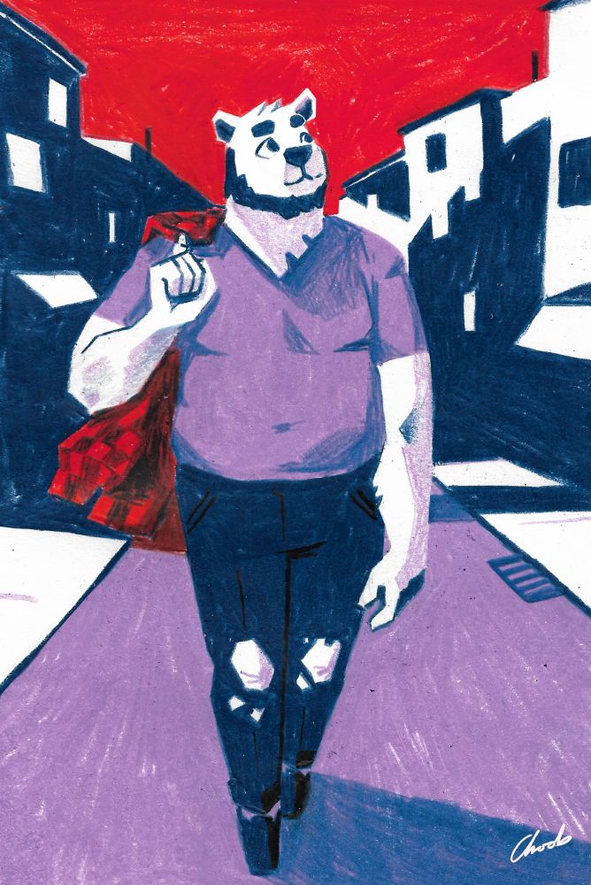 a polar bear walking down a purple and white high-contrast street with a red checkered shirt over one shoulder