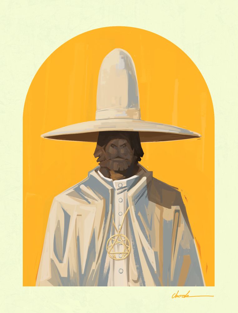 a capybara dressed as the Alchemist from The Holy Mountain. He wears a tall white hat and robes with a geometric gold necklace against a yellow background, seen through an off-white archway.