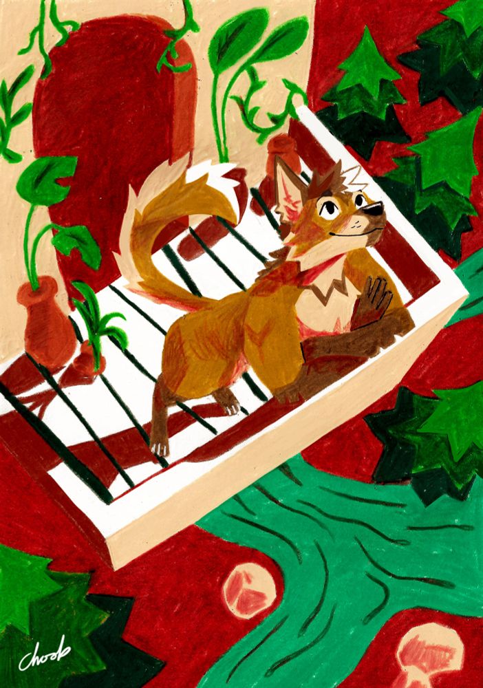 Top-down perspective of a maned wolf looking up to the sky from a balcony of potted green plants. A stream and pine trees can be seen further below. The light btis are meant to be rocks but I kinda flubbed those so they look like steaks lol