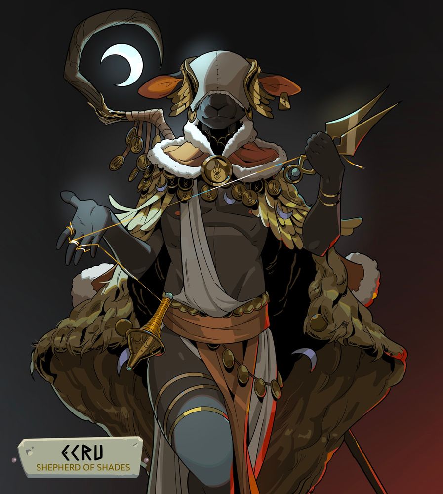 A sheep wearing a golden fleece and an ornate eye-covering walking towards the viewer. He is unspooling a golden thread from his belt, strung through the blades of a pair of golden shears. There is a shepherd's crook across their back, adorned with a floating moon symbol and gold obols.