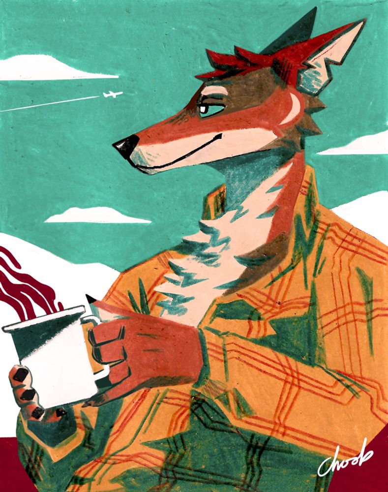 Stylised illustration of a canine holding a mug of steamign coffee overlooking a simplified mountain vista