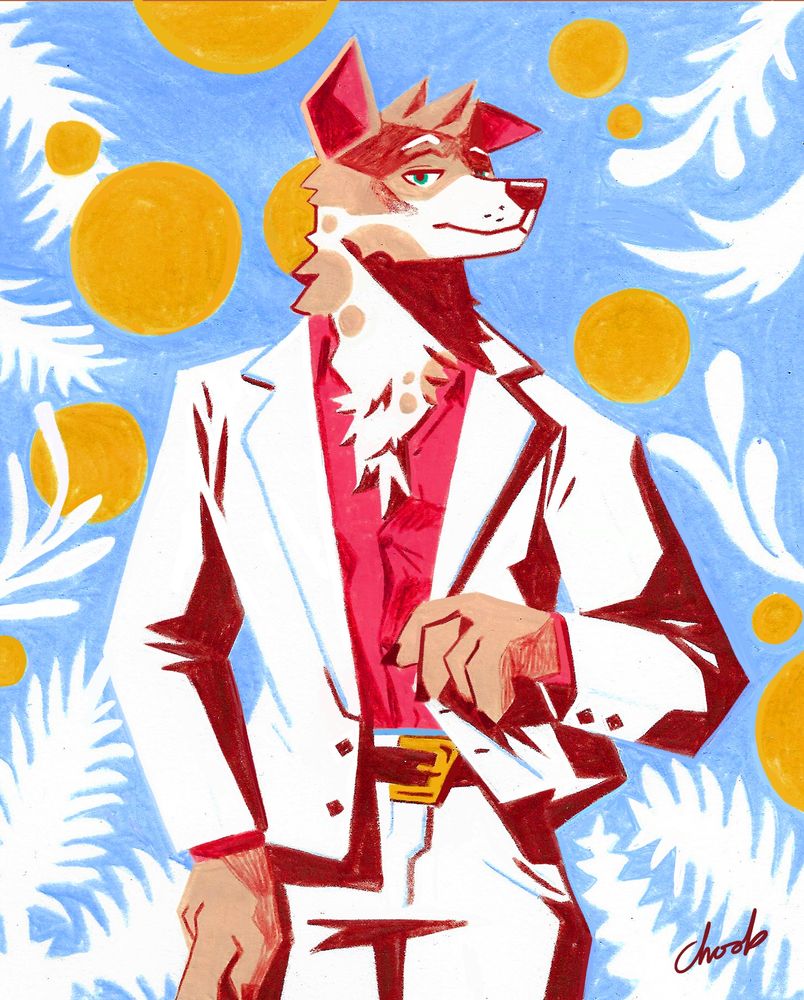 A stylised illustration of a brown and white spotted dog in a white suit and red/pink shirt, surrounded by white and yellow abstract foliage