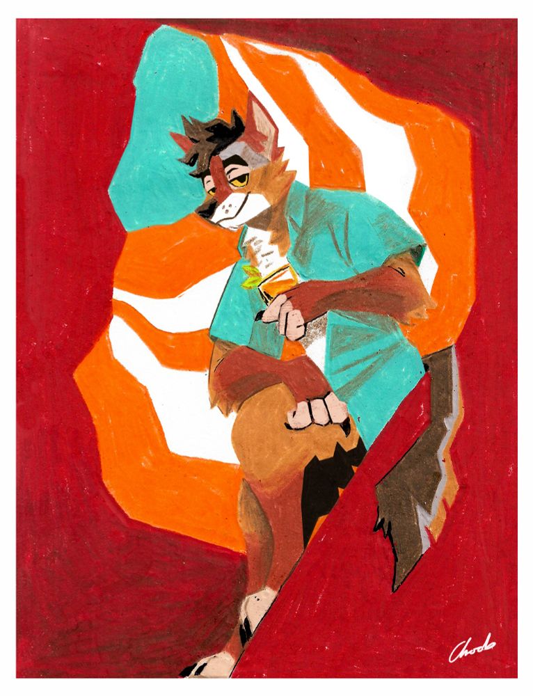 Stylised illustration of a jackal in a blue shirt reclining amongst canyon rocks with a mai tai in hand