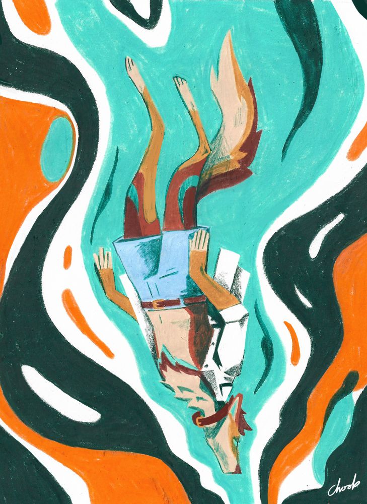 Stylised illustration of a canine with blue shorts and an open white shirt falling through orange and blue liquid patterns