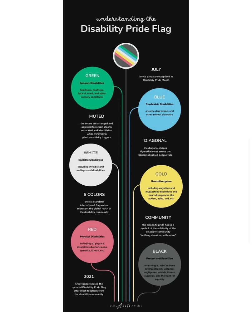 Disability Pride flag colors explained on a black background. Colors are muted for sensory sensitivity. Green is for sensory disabilities, white is for invisible, red for physical, blue for psychiatric, yellow for neurodivergence, and black for protest.