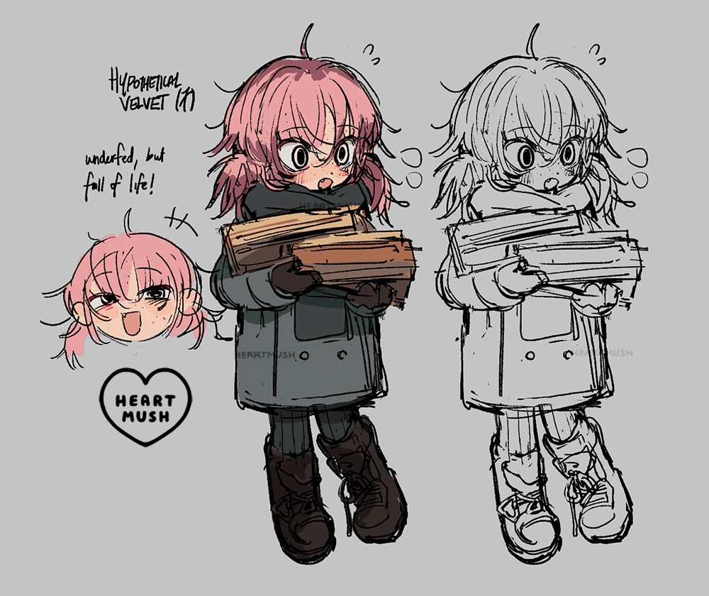 HYPOTHETICAL VELVET (7)
Underfed, but full of life!

A freckled girl in a dark winter coat carrying a few stacks of wood. She is much smaller than a child her age should be. Her hair is light pink, and styled into two messy, uneven pigtails. Her boots do not have their laces tied correctly. She looks a bit shy, but still eager.

A small chibi head on the left depicts the girl laughing merrily. A small fang is visible the upper left corner of her mouth.