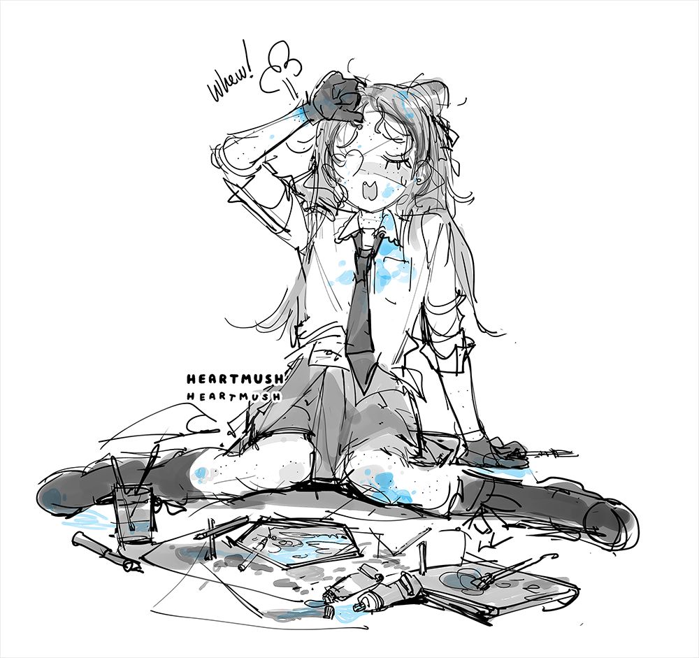 illustration of velvet collapsed on the ground in front of several tubes of paint, brushes, and a drawing she has worked very very hard on. she is sighing in relief and covered in blue paint.