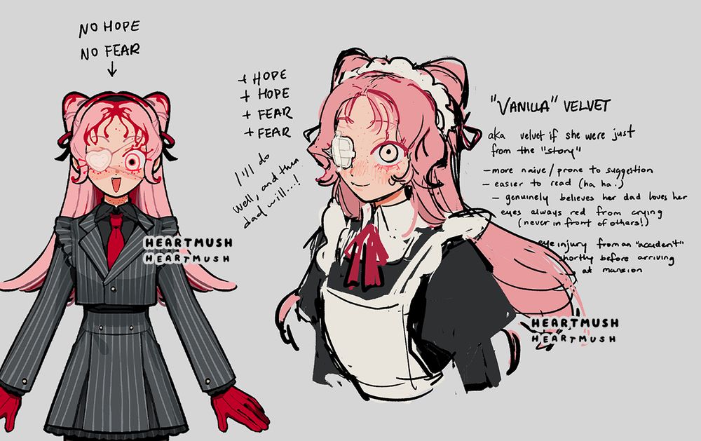 A bust of a girl wearing a black maid's uniform and cream apron. A raspberry colored ribbon is tied around her neck. A white eyepatch is over her right eye. Her other eye is a pale apricot, and peers out at the viewer while smiling. She has long pink hair, and some of which is tied up into two triangular buns.

"VANILLA" VELVET
aka Velvet if "the story" was just a world, and and she was not a "character setting from a story"

- more naive/prone to suggestion
- easier to read (ha, ha)
- genuinely believes her dad loves her
- eyes always red from crying (never in front of others!)
- eye injury from an "accident" shortly before arriving at mansion

dialogue: "I'll do well, and then dad will...!"

"Vanilla" Velvet has +HOPE +HOPE +FEAR +FEAR, but canon velvet has no hope and no fear. Which is why she's like that