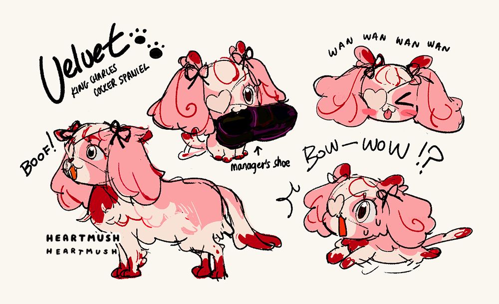 A pink king charles cocker spaniel! It has red spots on its ears, paws, and tail like it had stepped in blood. It is wearing a cream eyepatch.
