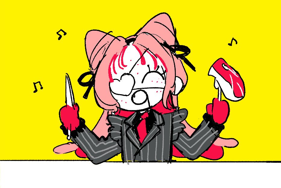 Redraw of a panel from the PV of BUTCHER VANITY, a song by FLAVOR FOLEY. A pink haired character in a striped suit sits at a table, holding a knife in its right hand, and a fork with a raw cut of steak in the left. It seems to be... singing?
