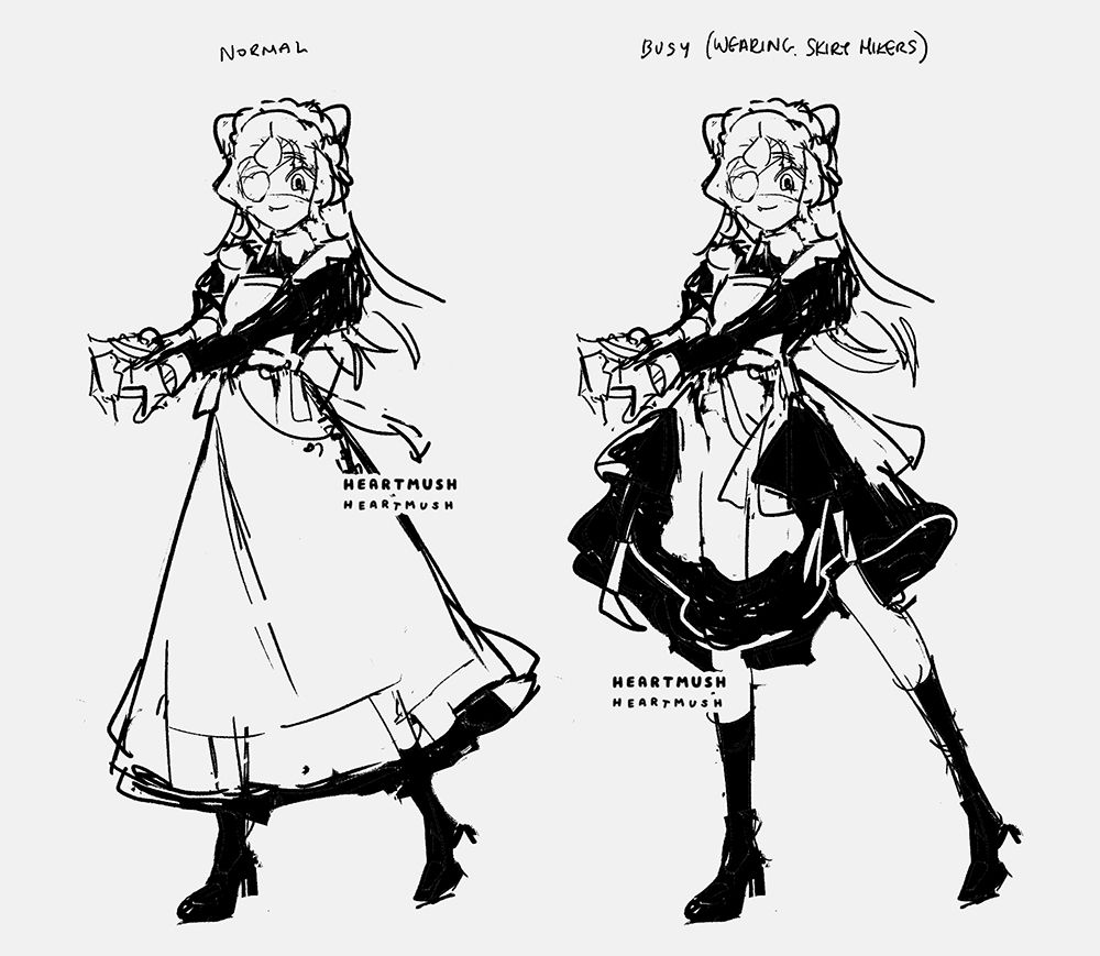 A girl with an eyepatch and french maid uniform stretches her arms with a smile. The left image is the default uniform while the right has her using skirt hikes in order to move better.