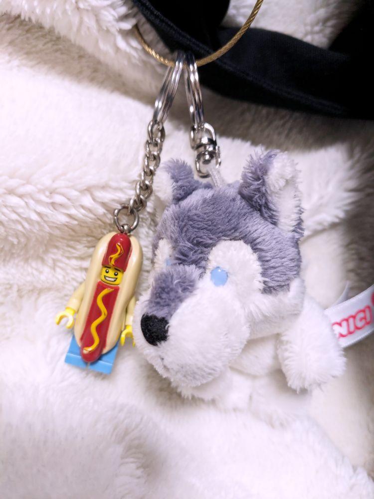 NICIシベリアンハスキーのぬいぐるみキーホルダー（ハイドさんの概念ぬい）と、
レゴのホットドッグ屋さんのキーホルダー