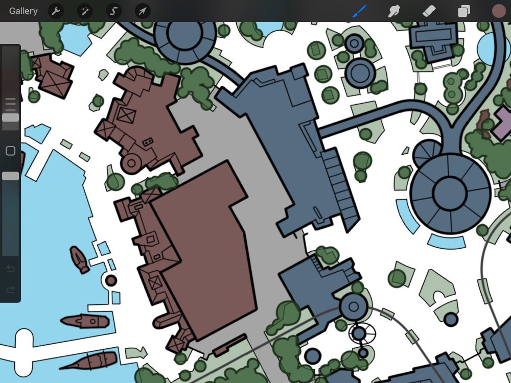 Drawing of a theme park layout.