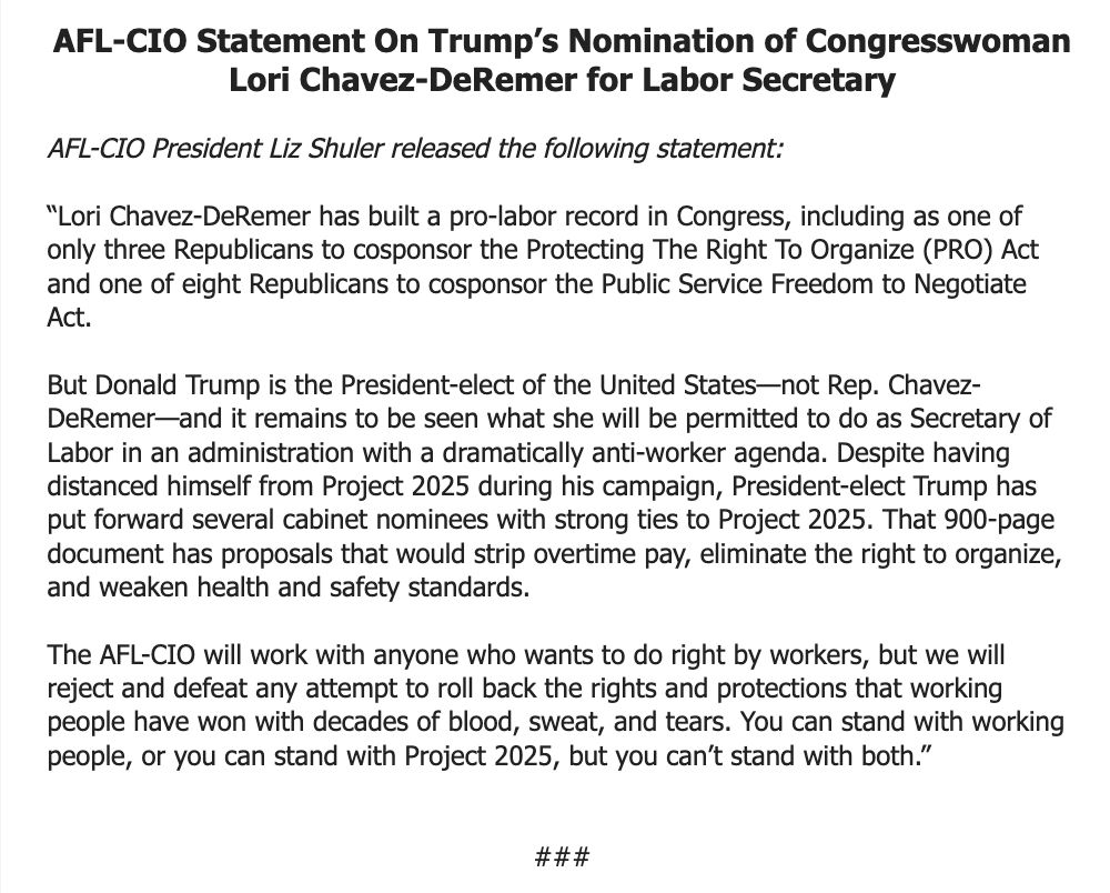 Screenshot of AFL-CIO President Liz Shuler's statement on Trump's nomination for Secretary of Labor.