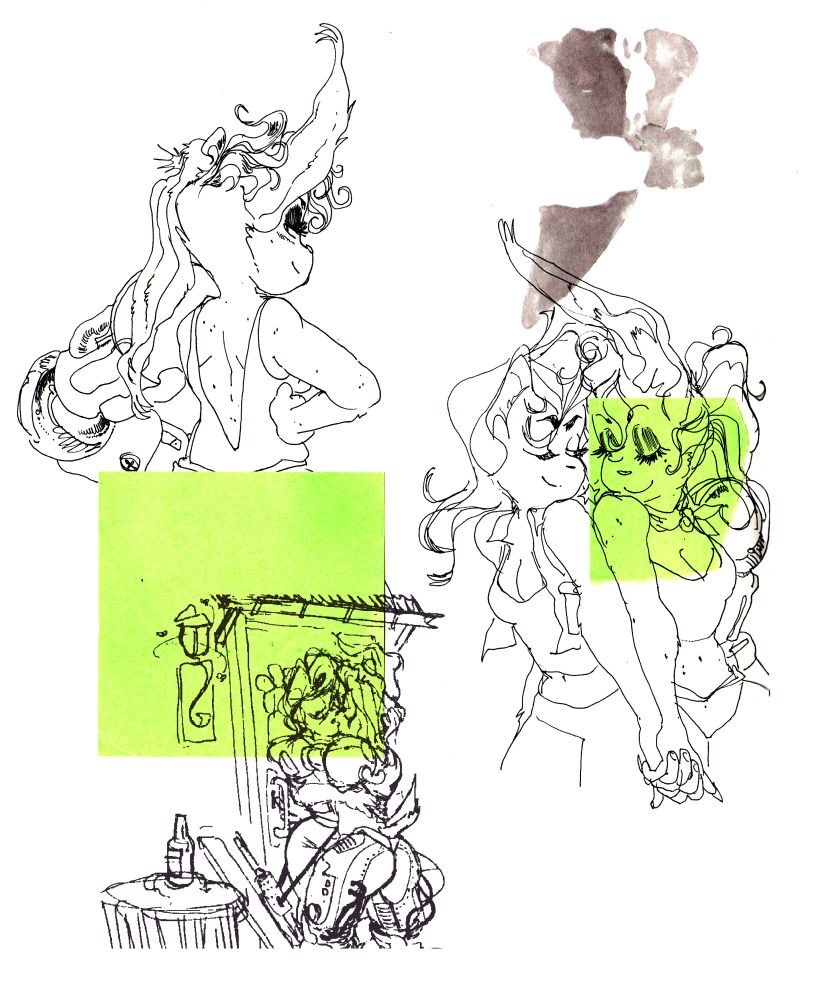 sketchbook drawings of bunnie rabbot and sally acorn. they're holding hands and winking at each other, bunnie has sally pushed up against the front door making out