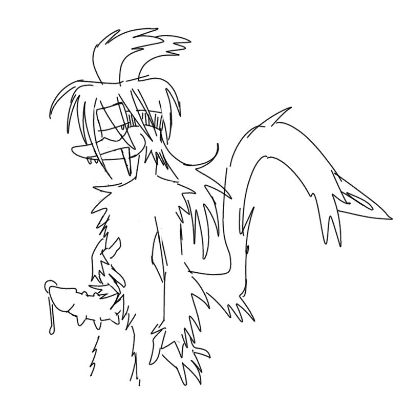 slicer, a fluffy lizard with long hair and ski goggles, holds his tummy above his big dripping spiky dick