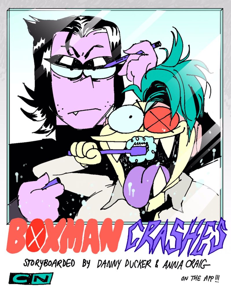 episode promo for “Boxman Crashes”. Boxman and Professor Venomous from OK K.O. are crowded around a toothpaste-stained mirror doing their respective routines. Boxman is brushing his teeth and sticking his big purple tongue out, and Venomous is pouting while doing his winged eyeliner.