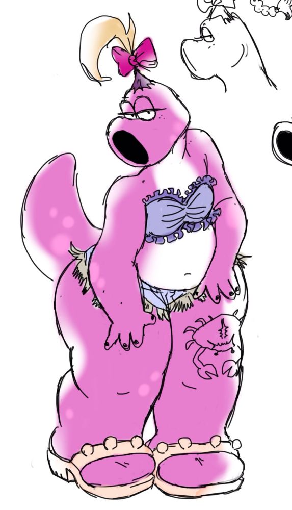 digital drawing of birdo in a ruffled periwinkle tube top bralette, tiny distressed shorts, peach jelly sandals and a crab tattoo on her thigh