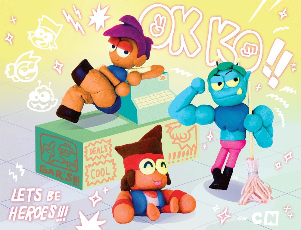 my entry for an OK K.O. crew art show in 2017! a scene depicting 3D models of KO, Enid and Rad around the bodega counter doing their signature moves (sitting cutely, mopping, kicking their feet up and kicking back). They’re constructed from play-doh and have scattershot 2D drawings surrounding them— sparkles, lightning bolts and little cartoons of their heads. The text reads “OK KO!! Lets be heroes!!! on CN” (back when the episodes were available on the CN app).