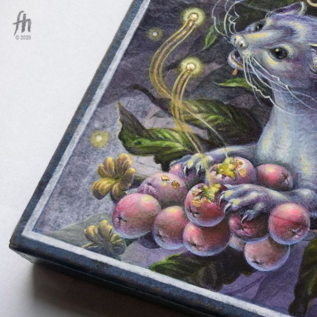 Detail of a painting showing part of an ermine eating from a cluster of pink coloured berries. Two golden sparkles escape from the eaten berries.