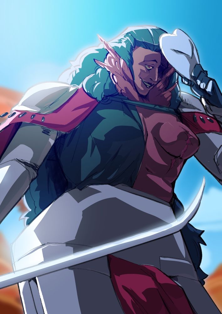 This is a drawing of a tall, muscular woman in armour, she has red skin and blue hair. She is removing a mask from her face to send an appreciative but threatening look to someone that is standing out of frame. She is standing in what seems to be a rocky environment, although the background is out of focus. 