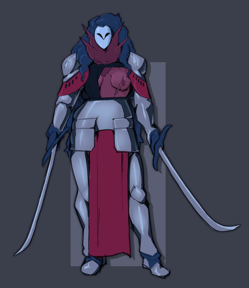 Tall woman in armor and a mask.