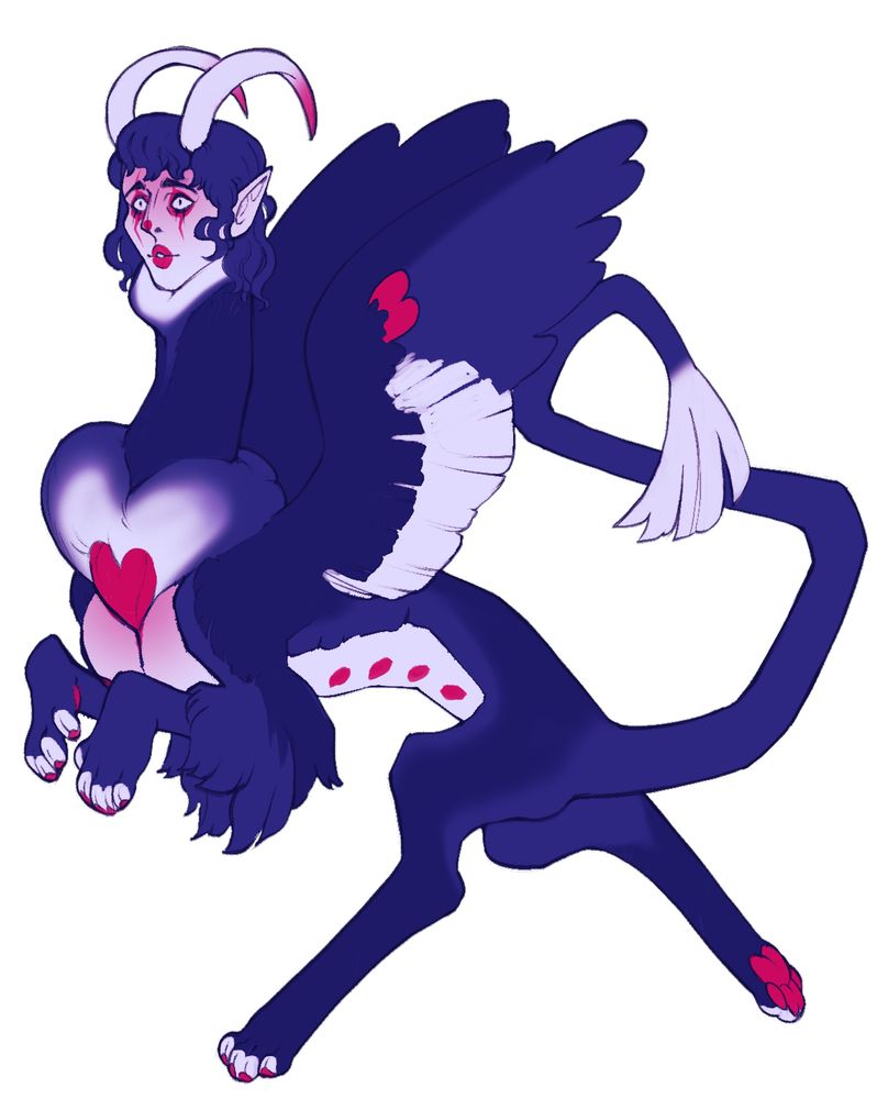 A blue and white and red sphinx character with what appears to be clown makeup. 