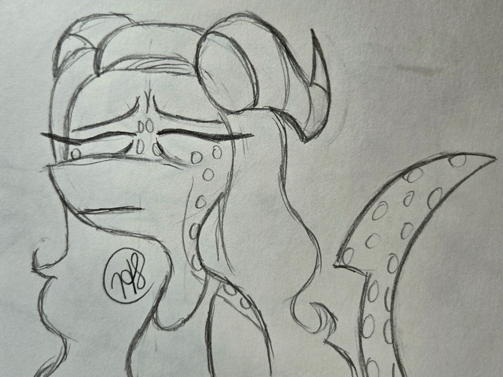 Bust up pencil sketch of my impsona looking tired, facing her right slightly, eyes closed too. Her tail is in frame and up as well.
