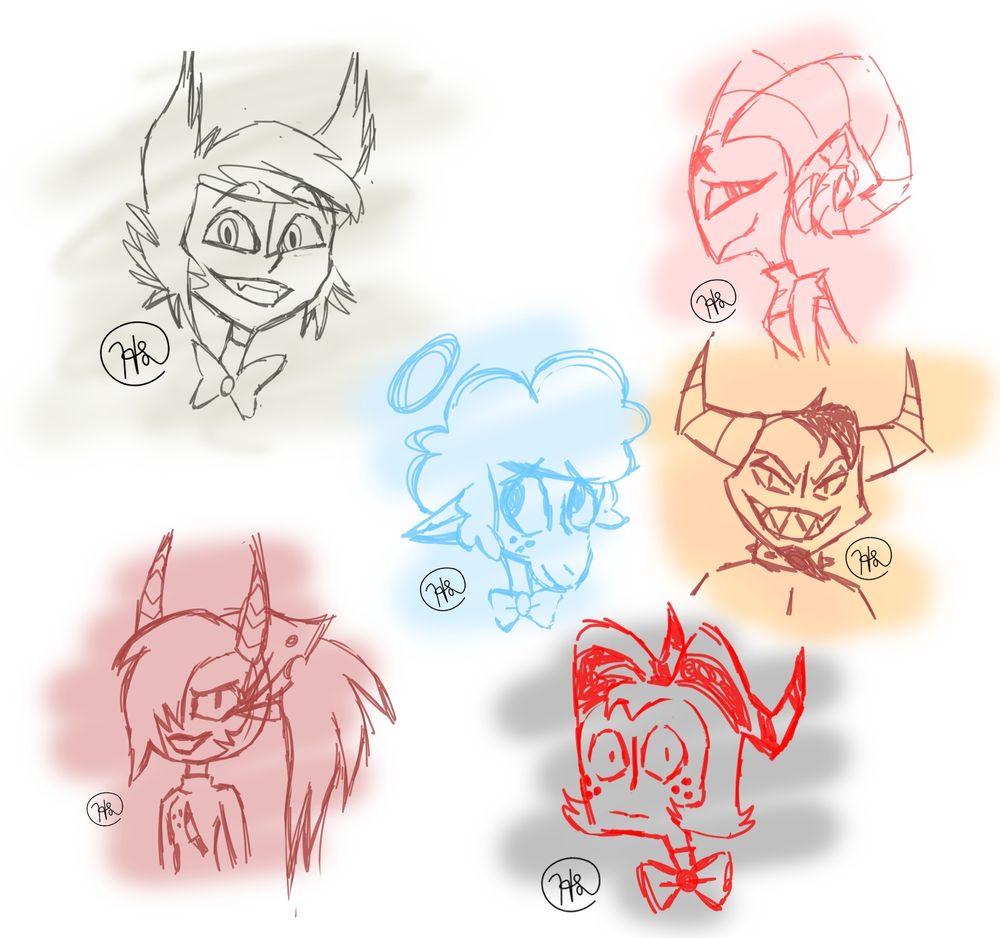 A pile of digital sketches all on one image. The sketches are of: Marx from Zoophobia, Barbie Wire from Helluva Boss, Collin from Helluva Boss, Sallie May from Helluva Boss, Red from Hazbin Hotel and Moxxie from Helluva Boss. All are drawn in colors related to their character with an airbrush scribble behind each.