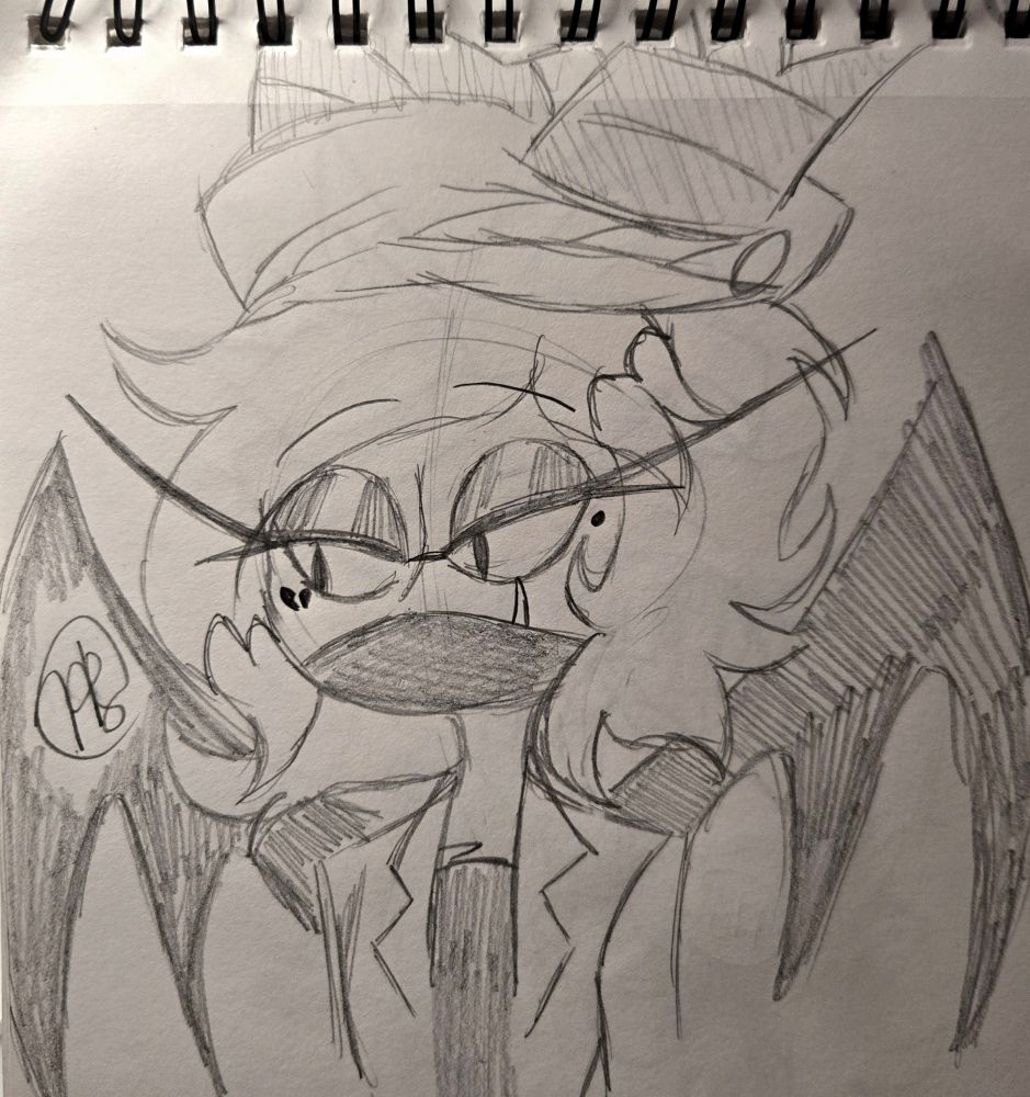 A bust up pencil sketch of @princepapaya.bsky.social's Impsona looking down and to her right with heavier eyelids