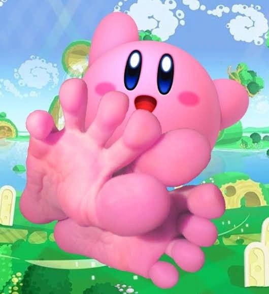 Personagem Kirby, redondo de cor rosa com pés enormes e humanos num fundo composto por paisagens com gramado verde e colinas, um lago e céu azul