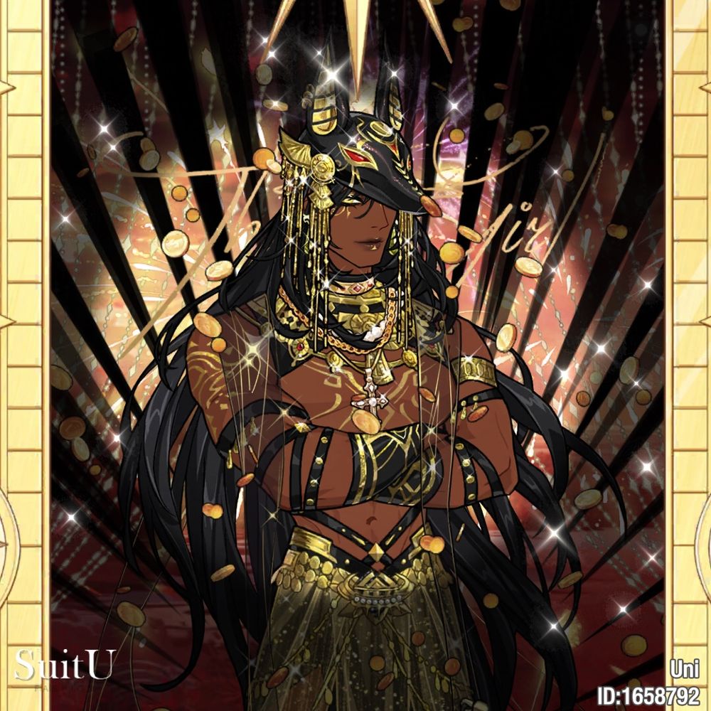 Screenshot from SuitU dress up game, shows the character dressed up as Anubis with a jackal headpiece and gold and black jewellery.