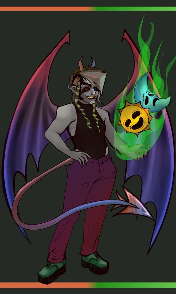 A gargoyle humanoid character with gray skin, brown-gray hair with sidebangs and 'raccoon tails', red, blue, and brown horns, and red and blue gradient-toned pointed tail and wings. he has red and blue glowing irises in seemingly empty eye sockets. he is smiling, mouth open slightly which shows his gold-colored, fanged teeth. he is wearing red pants, a black sleeveless turtleneck bodysuit, and green platform shoes. above an outstretched hand, are a bronze sun comedy mask, and a blue-toned metal moon tragedy mask that are floating in green fire.