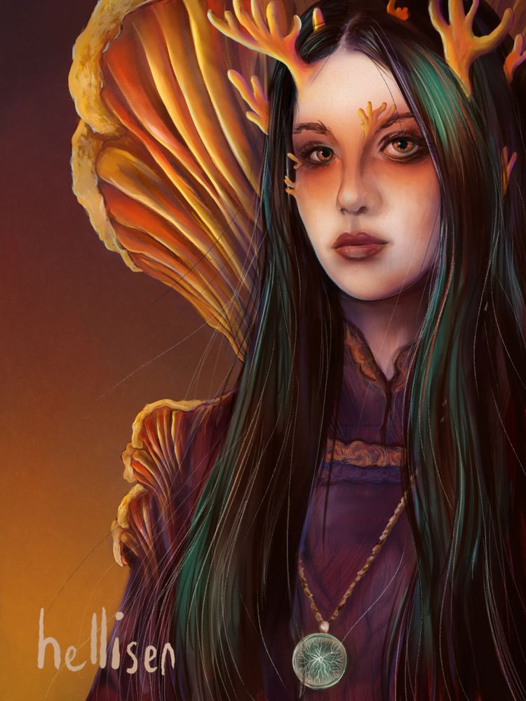 a digital painting of a goth girl with mushrooms growing out of her dress. Shades of orange and purple and dark teal.