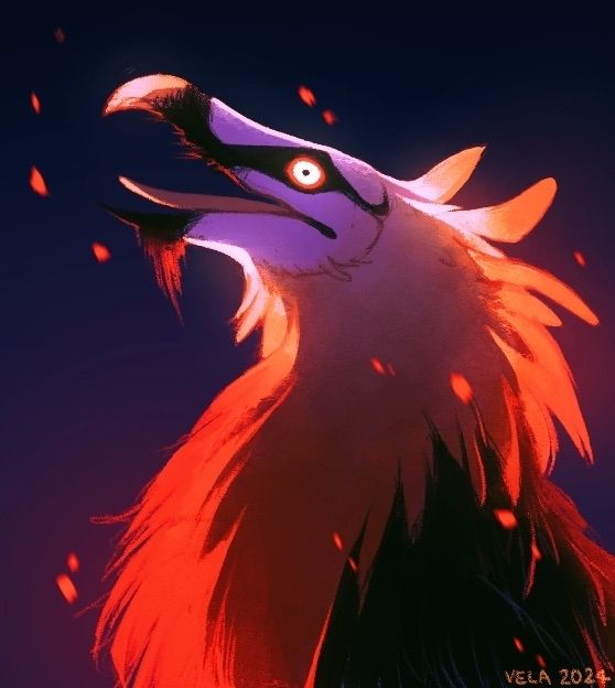 A bearded vulture seen from the side on a dark background, with its beak open and a wide eye. The fiery back lighting makes the feathers around its silhouette look like they're glowing a crimson red color. 
A few embers float around it.