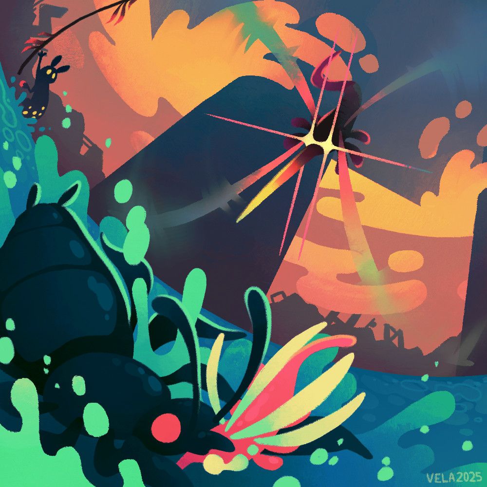 A dropwig having successfully ambushed a baby noodle fly falls in the water as the adult noodle fly readies to skewer it. In a corner, spearmaster holding a pearl is about to grab onto a pole plant, distracted by the scene. And behind it all, looming over everything in the background, stands Looks to the Moon's superstructure, with only two of her legs visible standing above the clouds.