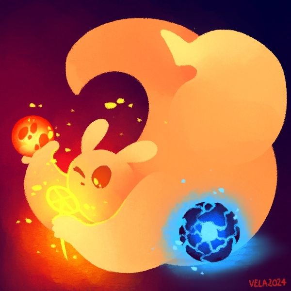 The Gourmand holding a fire egg and a karma flower. Next to it glows a blue singularity bomb.