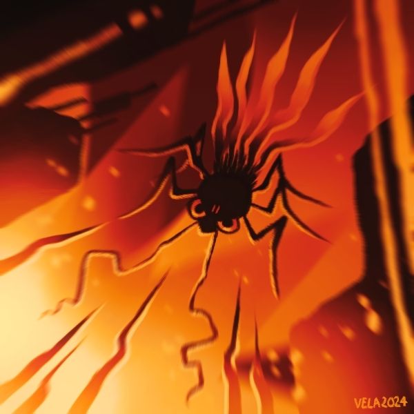 An angry fire bug in the lava hell that is Rubicon launches the spears on its back towards the viewer.
