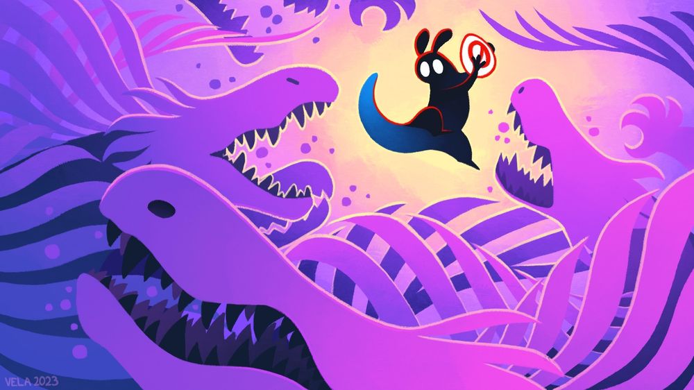Inv, holding up the eggzero, falling towards a pit of train lizards. The sky colors are a bright yellow, contrasting with the slugcat's black and blue body, as well as the purple train lizards.